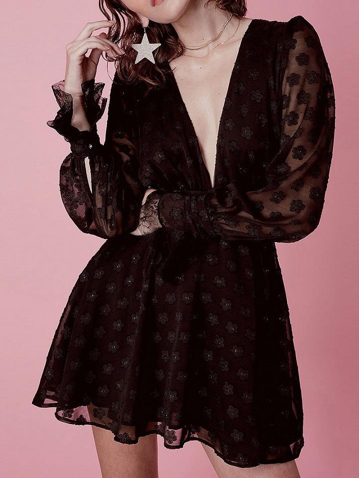 Choies Black Plunge Applique Cut Out Back Long Sleeve Skater Dress
