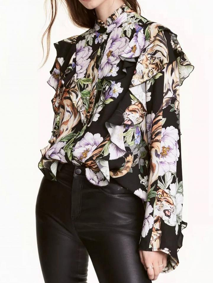 Choies Polychrome Floral Ruffle Trim Long Sleeve Shirt