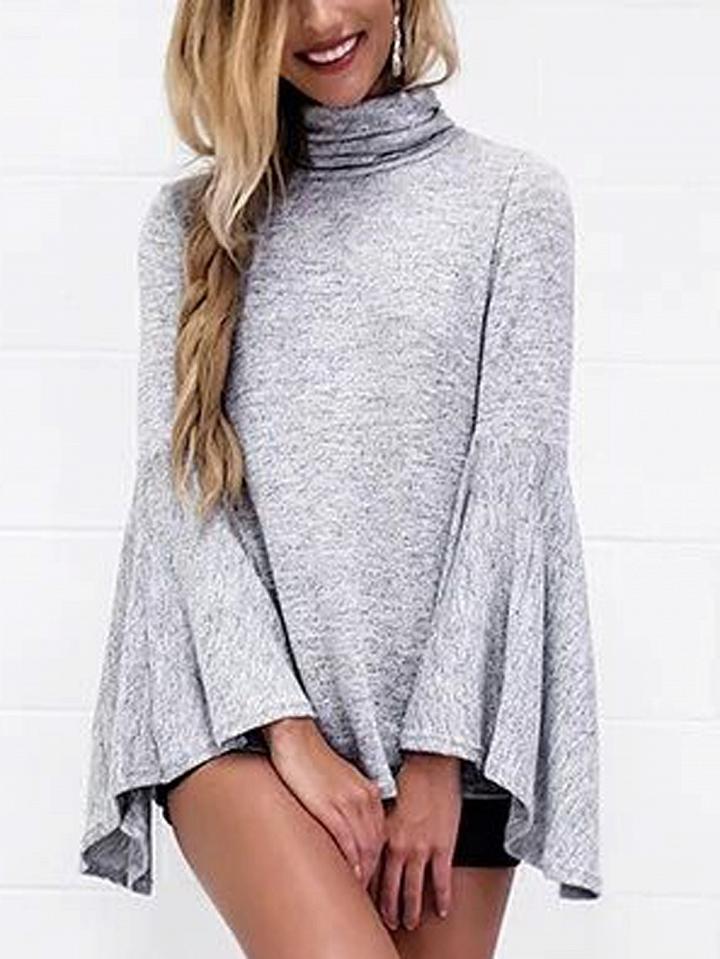 Choies Gray High Neck Split Back Flare Sleeve Blouse