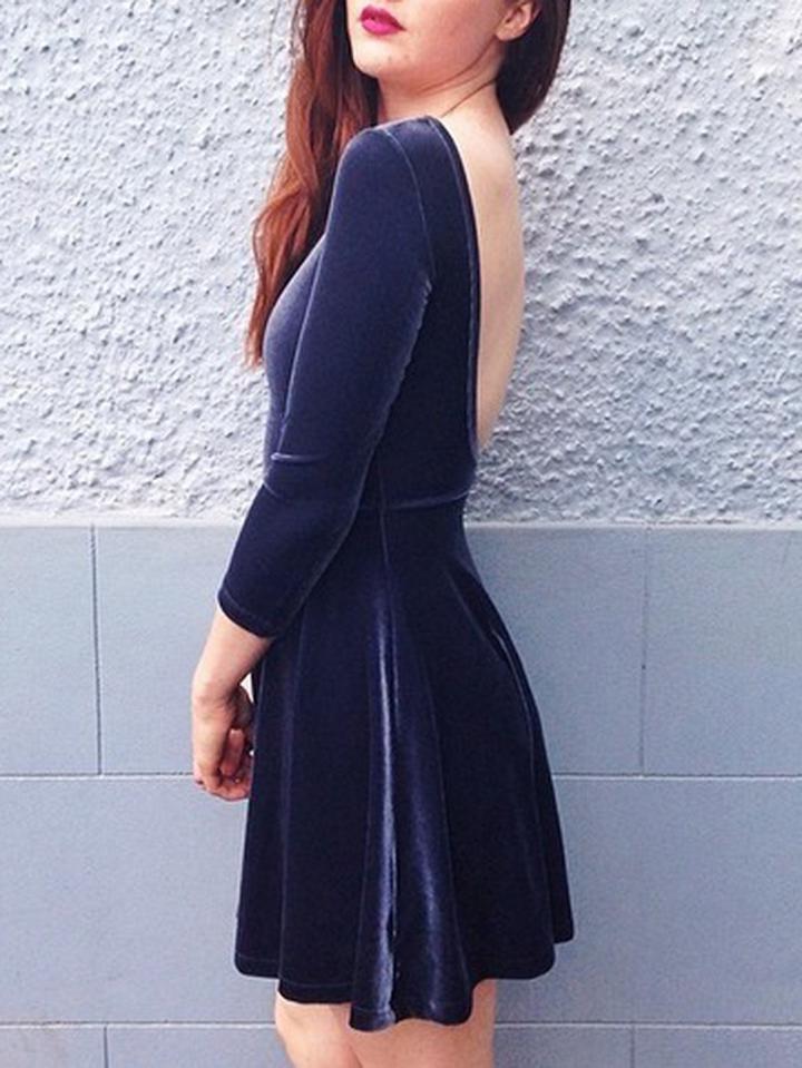 Choies Navy Blue Velvet Open Back Mini Dress