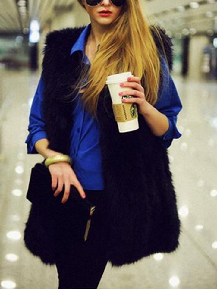 Choies Black Open Front Faux Fur Waistcoat