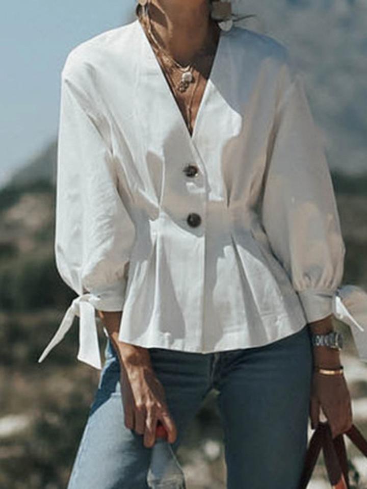 Choies White Cotton V-neck Tie Detail Puff Sleeve Chic Women Shirt