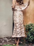 Choies Nude Pink Cold Shoulder Ruffle Embroidery Sheer Lace Midi Dress