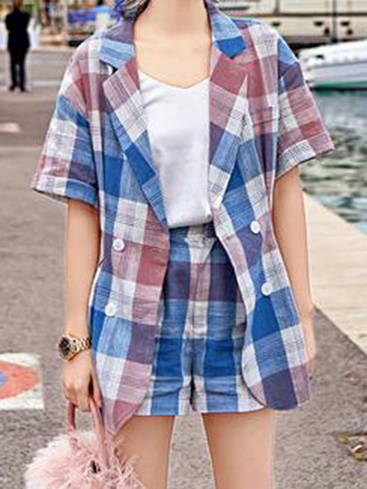 Choies Red Plaid Cotton Pocket Detail Chic Women Shirt And High Waist Shorts