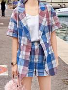Choies Red Plaid Cotton Pocket Detail Chic Women Shirt And High Waist Shorts
