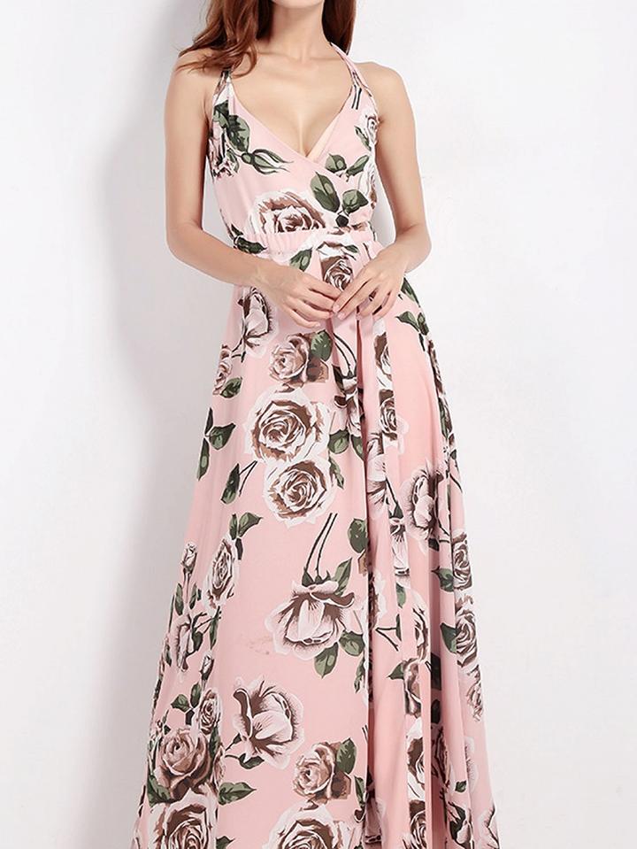 Choies Pink Wrap Floral Print Cross Strappy Back Maxi Dress
