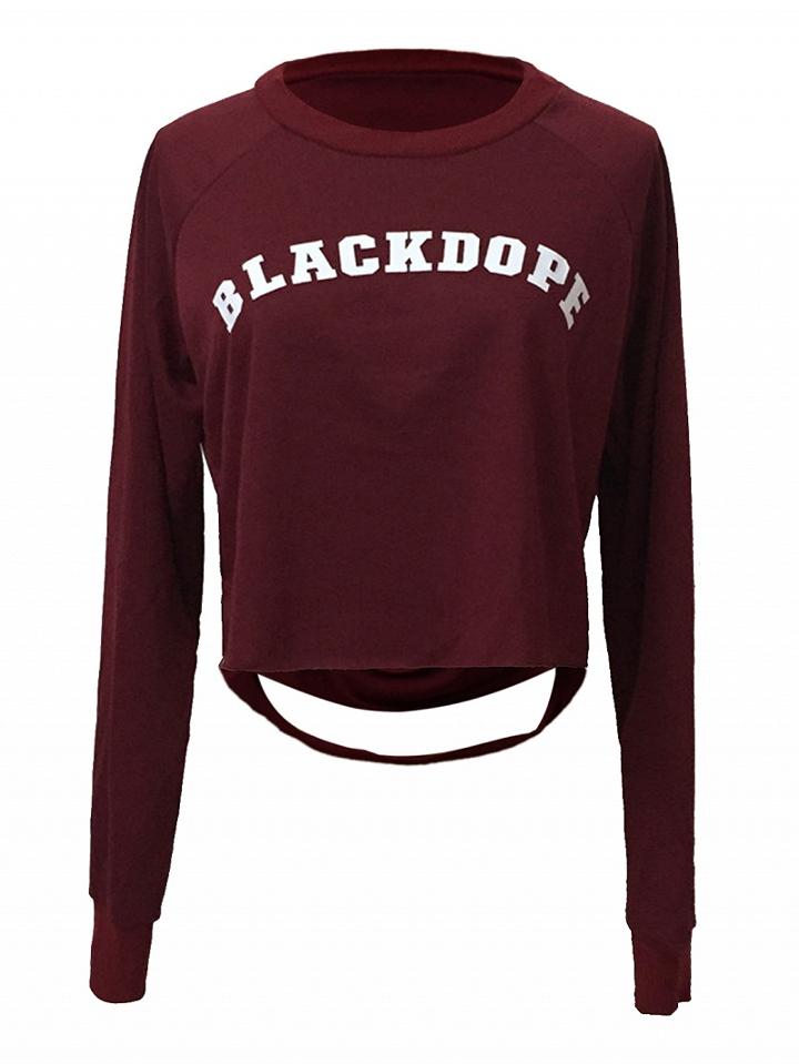 Choies Burgundy Letter Print Ripped Back Long Sleeve Cropped T-shirt