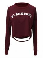 Choies Burgundy Letter Print Ripped Back Long Sleeve Cropped T-shirt