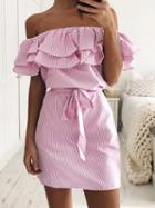 Choies Pink Striped Off Shoulder Layered Ruffle Tie Waist Dress