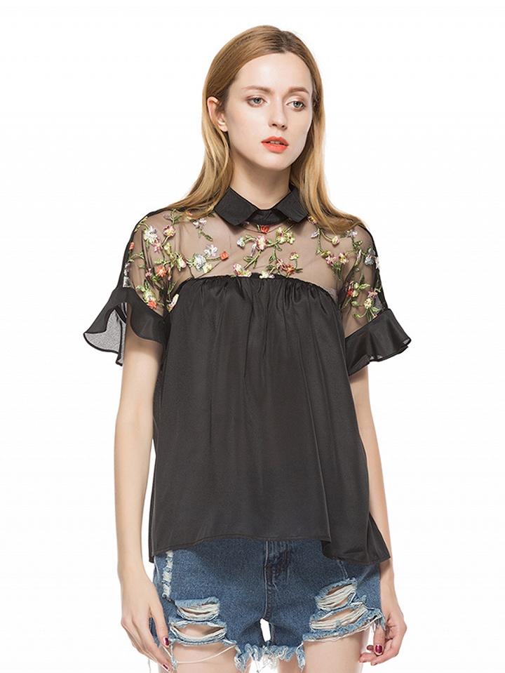 Choies Black Embroidered Sheer Mesh Insert Tie Back Collar Top