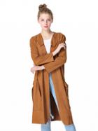 Choies Khaki Faux Suede Open Front Long Sleeve Trench Coat