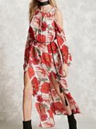 Choies Polychrome Floral Cold Shoulder Long Sleeve Side Split Maxi Dress