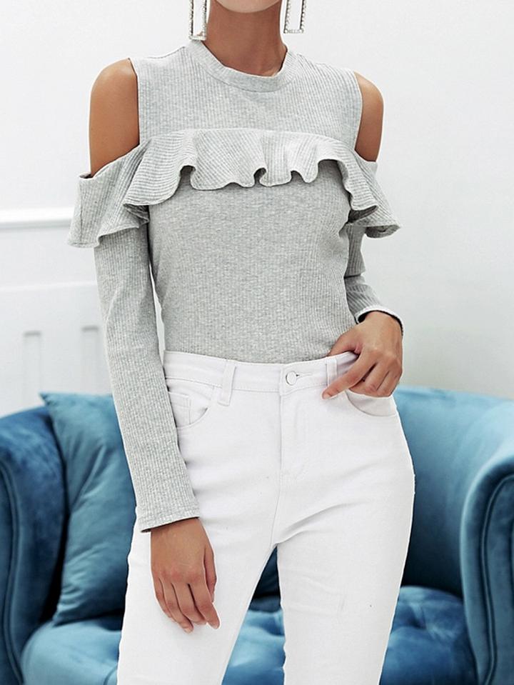 Choies Gray Ribbed Cold Shoulder Ruffle Trim Long Sleeve Chic Women Blouse