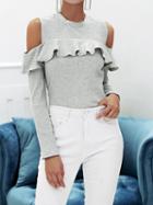Choies Gray Ribbed Cold Shoulder Ruffle Trim Long Sleeve Chic Women Blouse