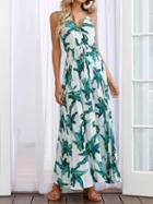 Choies Green Cotton V-neck Plantain Leaf Print Chic Women Cami Maxi Dress