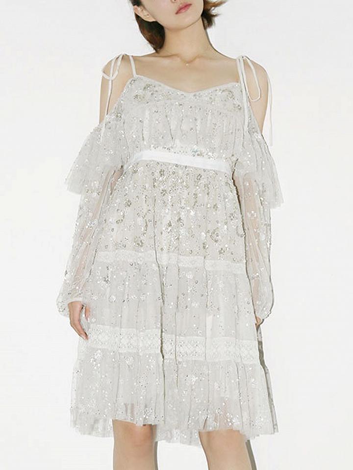 Choies White Cold Shoulder Lace Panel Sequin Detail Mesh Cami Dress