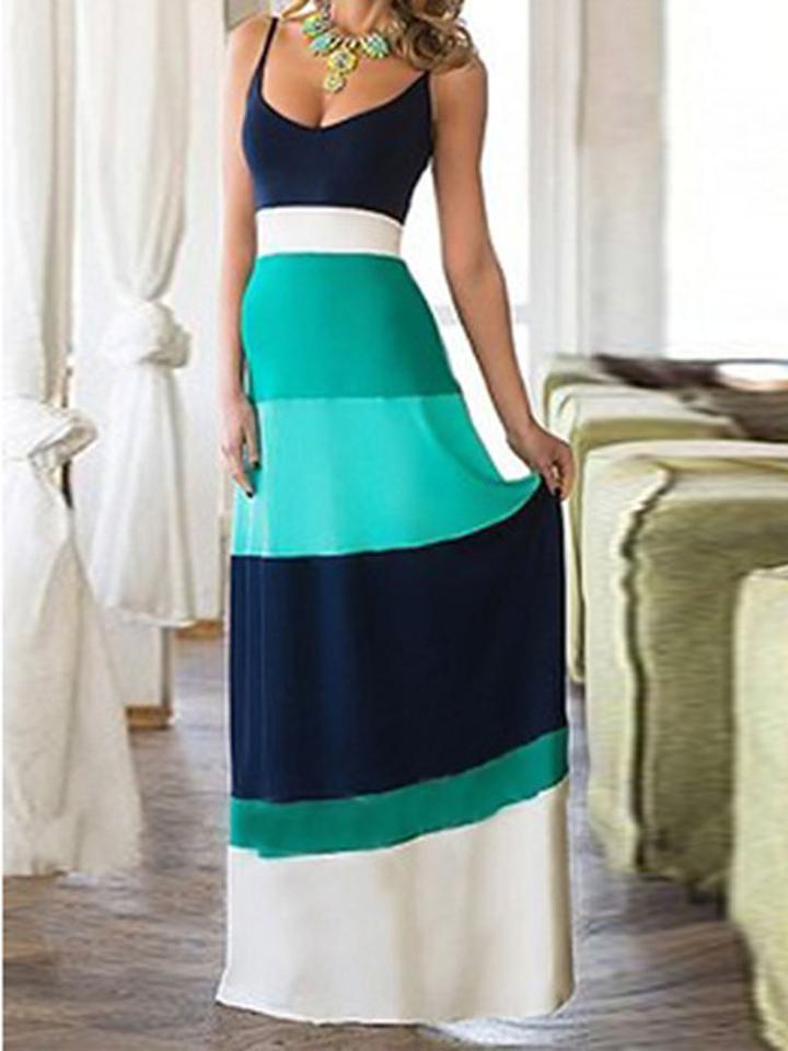 Choies Teal Blue Contrast Color Spaghetti Strap Maxi Dress
