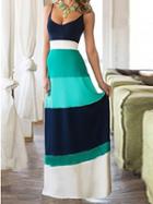 Choies Teal Blue Contrast Color Spaghetti Strap Maxi Dress