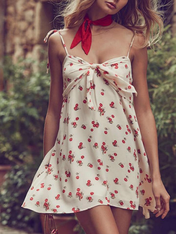 Choies White Spaghetti Strap Cherry Print Backless Chic Women Mini Dress