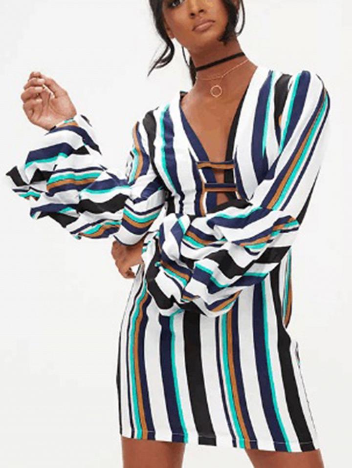 Choies Polychrome Stripe V-neck Ruched Sleeve Mini Dress