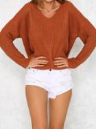 Choies Red V-neck Eyelet Lace Up Back Long Sleeve Chic Women Knit Sweater