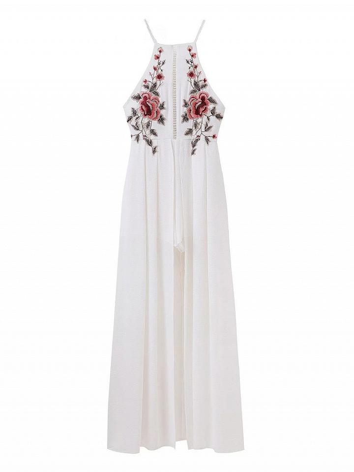Choies White Floral Embroidery Cross Back Split Maxi Dress