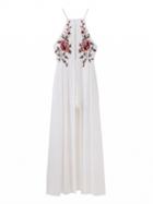 Choies White Floral Embroidery Cross Back Split Maxi Dress