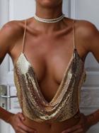 Choies Gold Halter Plunge Chain Mail Crop Cami Top