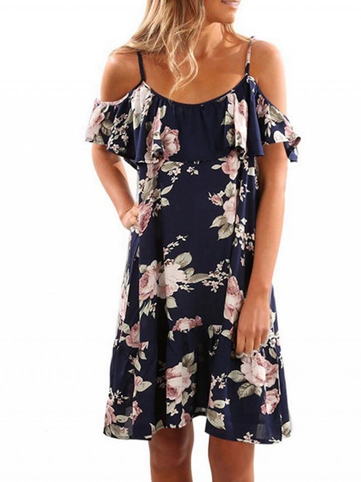 Choies Navy Blue Spaghetti Strap Floral Print Ruffle Trim Mini Dress