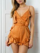 Choies Orange Satin V Neck Frill Trim Tie Waist Cami Romper Playsuit