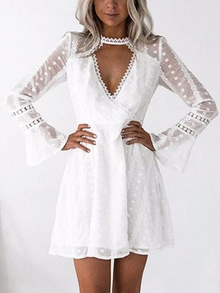 Choies White Plunge Lace Panel Polka Dot Flare Sleeve Mini Dress