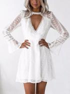 Choies White Plunge Lace Panel Polka Dot Flare Sleeve Mini Dress