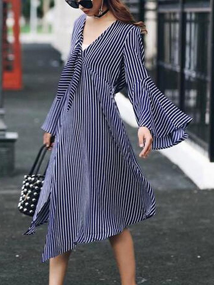 Choies Navy Blue Stripe Tie Front Ruffle Sleeve Asymmetric Hem Dress