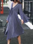 Choies Navy Blue Stripe Tie Front Ruffle Sleeve Asymmetric Hem Dress