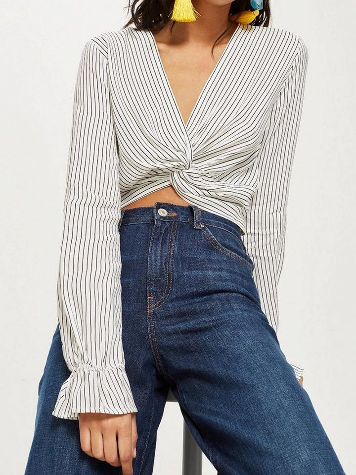 Choies Black Stripe V-neck Knot Front Long Sleeve Chic Women Crop Blouse