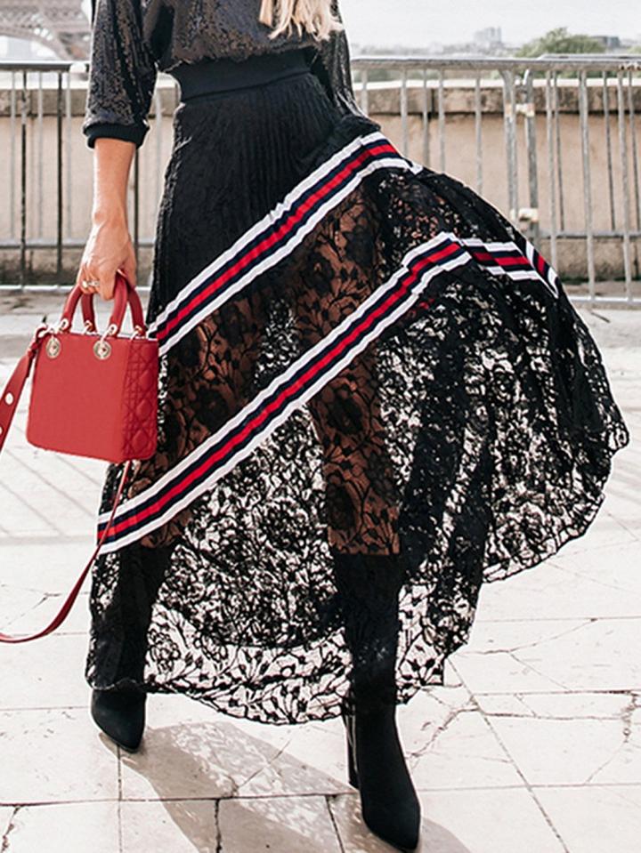 Choies Black High Waist Lace Panel Pleated Detail Chic Women Maxi Skirt