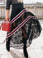 Choies Black High Waist Lace Panel Pleated Detail Chic Women Maxi Skirt