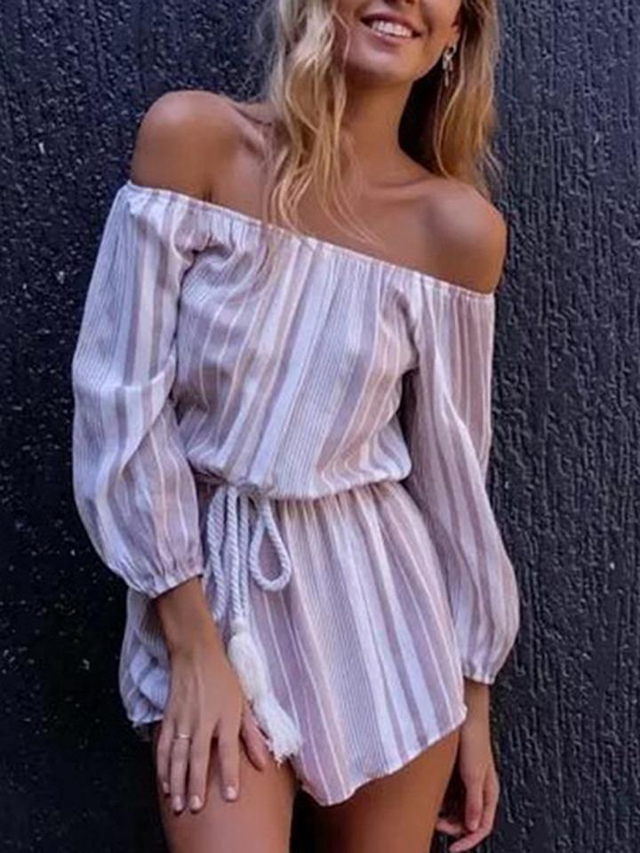 Choies Pink Stripe Cotton Blend Off Shoulder Chic Women Romper Playsuit