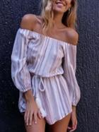 Choies Pink Stripe Cotton Blend Off Shoulder Chic Women Romper Playsuit