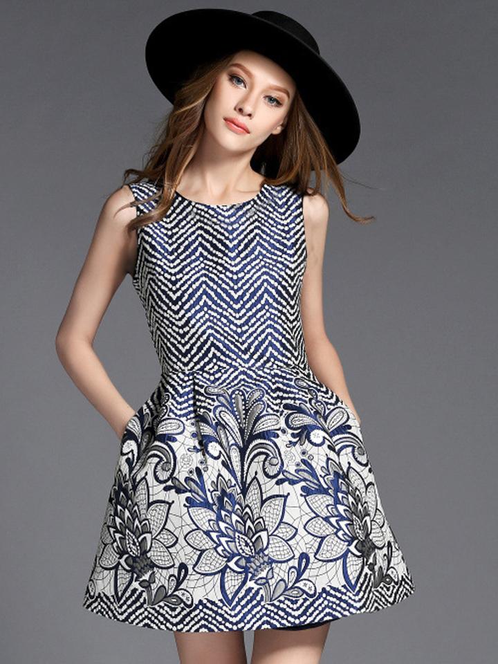 Choies White Chevron And Floral Sleeveless Jacquard Skater Dress