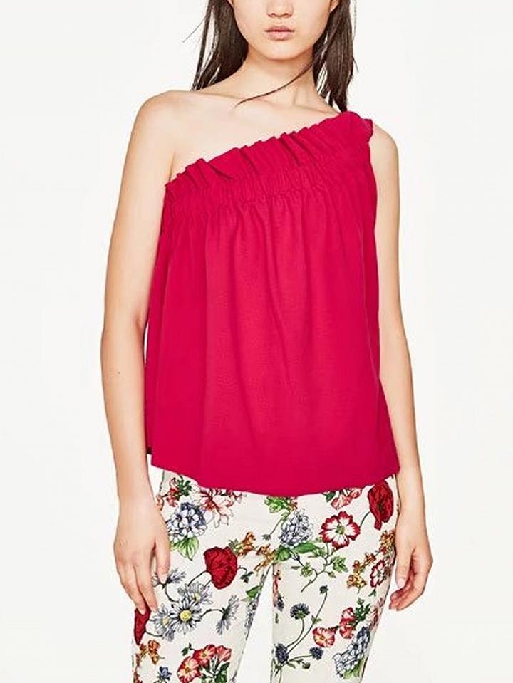 Choies Red One Shoulder Ruffle Hem Blouse