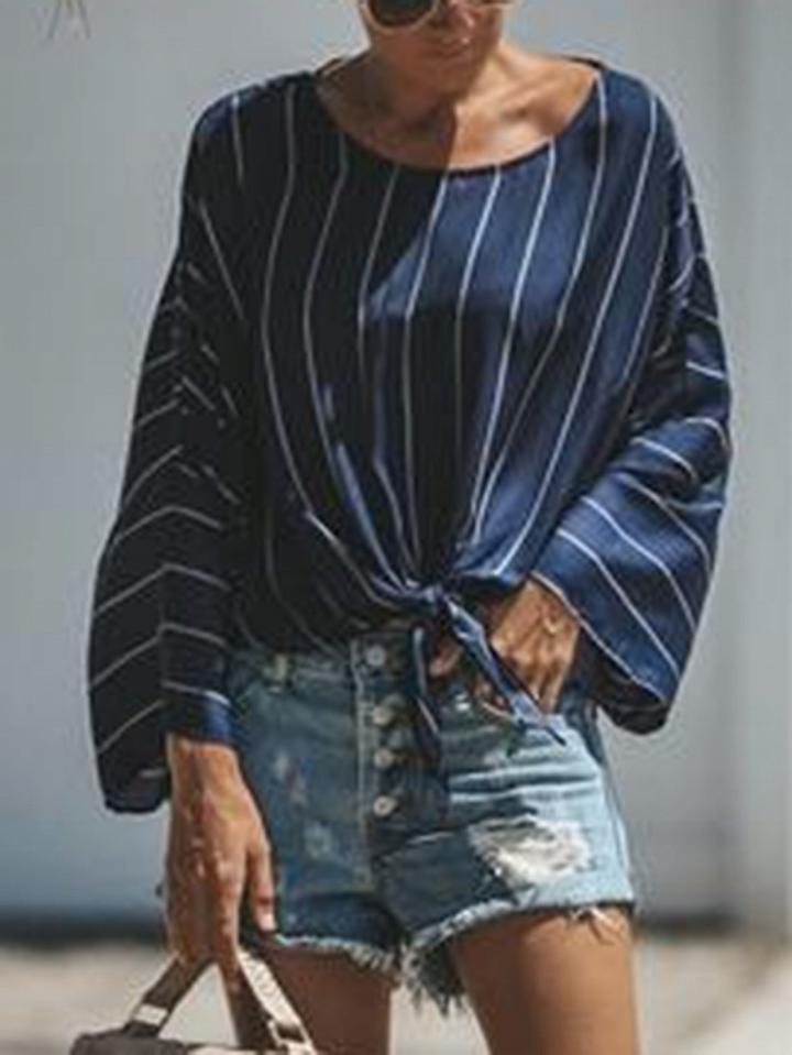 Choies Blue Stripe Tie Front Batwing Sleeve Chic Women Blouse
