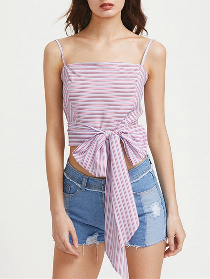 Choies Pink Stripe Wrap Tie Waist Spaghetti Strap Crop Top