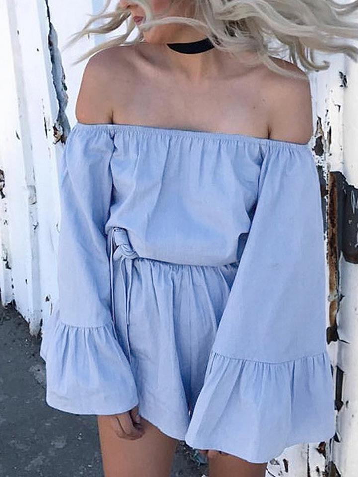 Choies Blue Off Shoulder Bell Sleeve Tie Waist Romper Playsuit