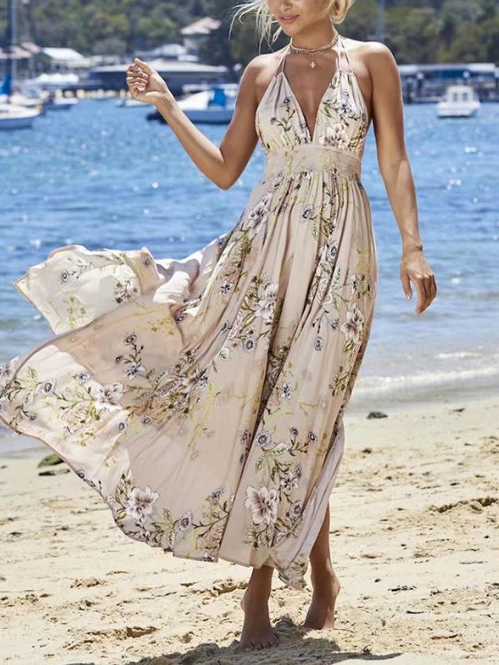 Choies Pink Halter Plunge Floral Print Split Maxi Dress