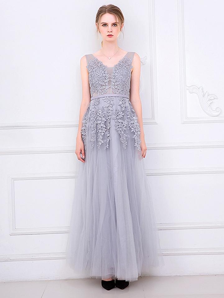 Choies Gray V-neck Embroidery Backless Tulle Maxi Prom Dress