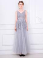 Choies Gray V-neck Embroidery Backless Tulle Maxi Prom Dress