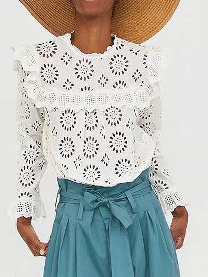 Choies White Cut Out Detail Ruffle Trim Long Sleeve Blouse