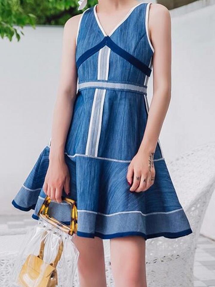 Choies Blue V-neck Ruffle Hem Chic Women Cami Mini Dress
