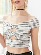 Choies White Stripe Off Shoulder Knot Cut Out Detail Crop Top